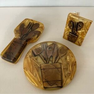 Vintage Lucite Kitchen Decor Trivet Spoon Rest Toothpick Holder